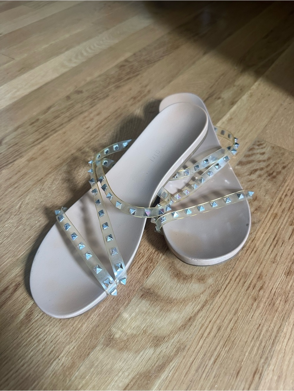 Steve Madden Nude Slide Sandals with Iridescent Stud Straps